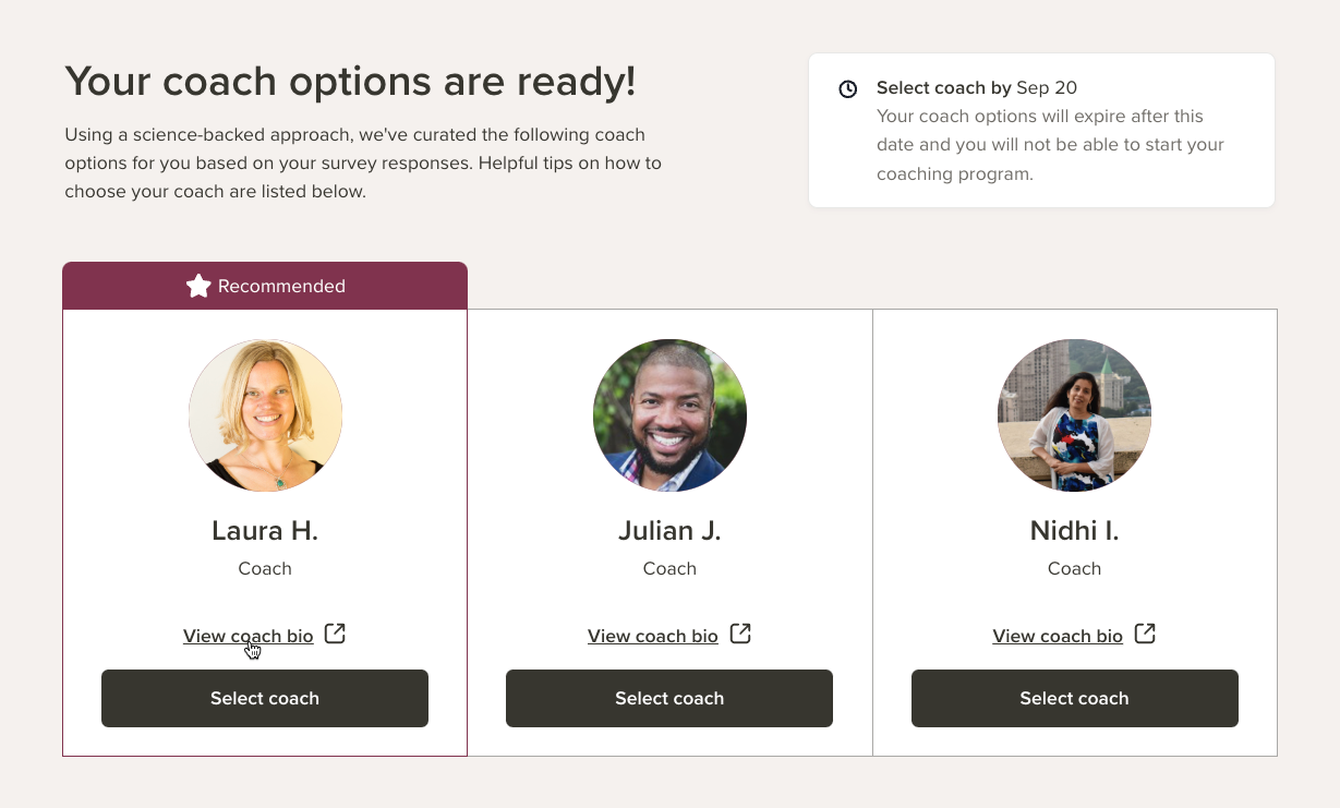 Torch participant screen titled Your coach options are ready, showing three coach cards with photos, a Recommended badge, View coach bio links and Select coach buttons
