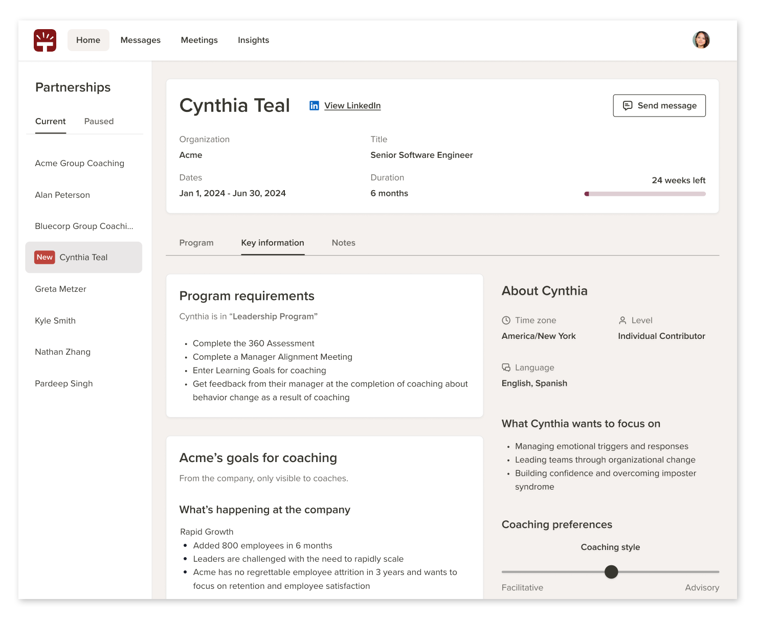 Torch coach view of a partnership showing program requirements, the company’s goals for coaching, what is happening at the company, the participant’s focus areas and a coaching-style preference slider, with sample data