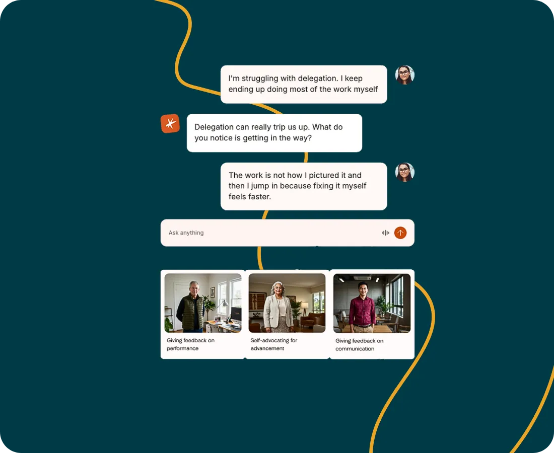 Existing Spark product view with a delegation conversation and roleplay scenarios for feedback and self-advocacy