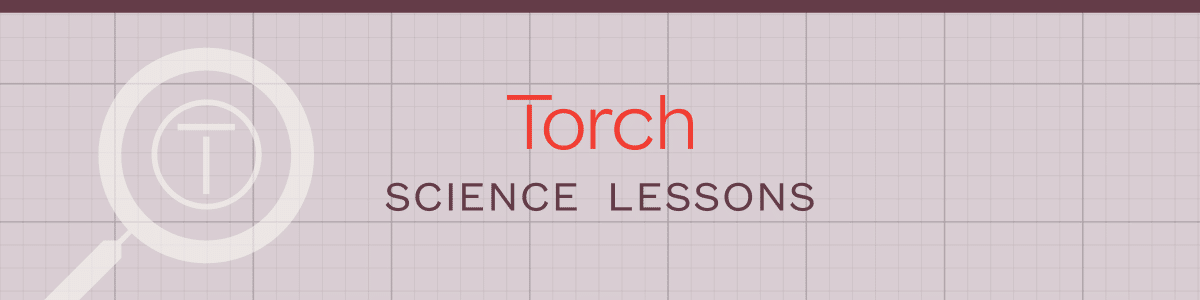 Banner with the text "Torch Science Lessons" next to a magnifying glass