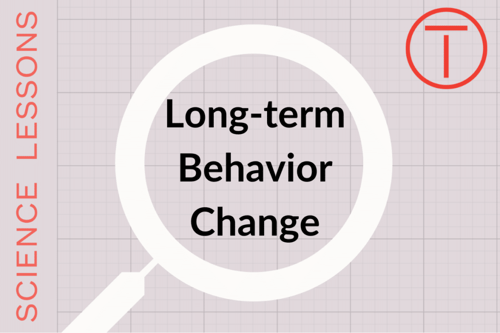 "Long term behavior change" inside a magnifying glass. "Science Lessons" is written on the left hand side.