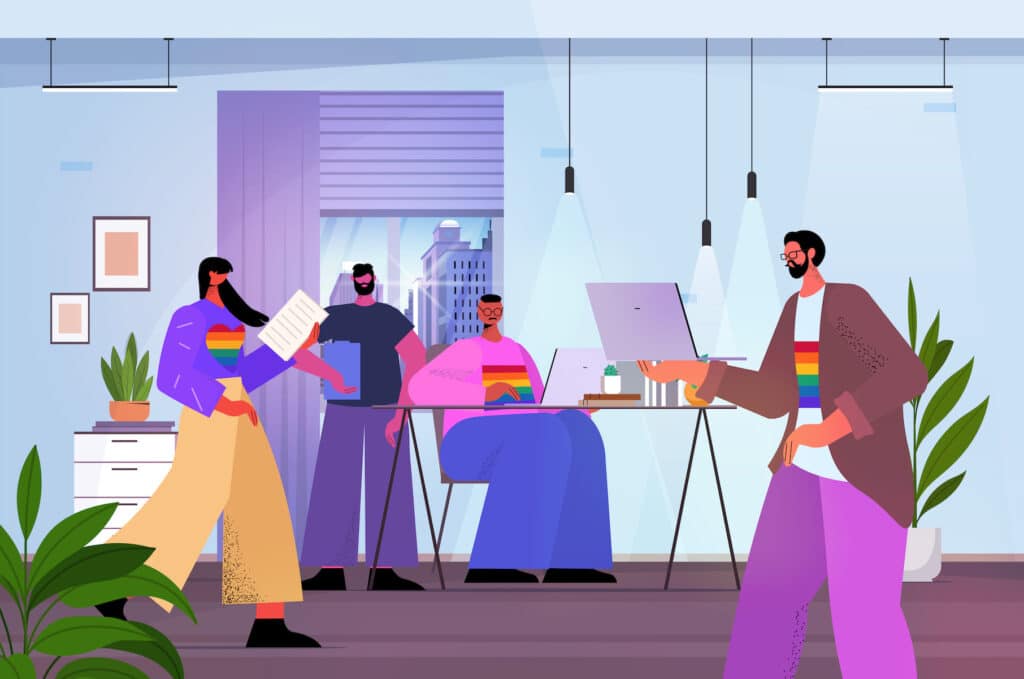 A brightly colored illustration of people in a workplace wearing rainbow shirts and using office supplies.