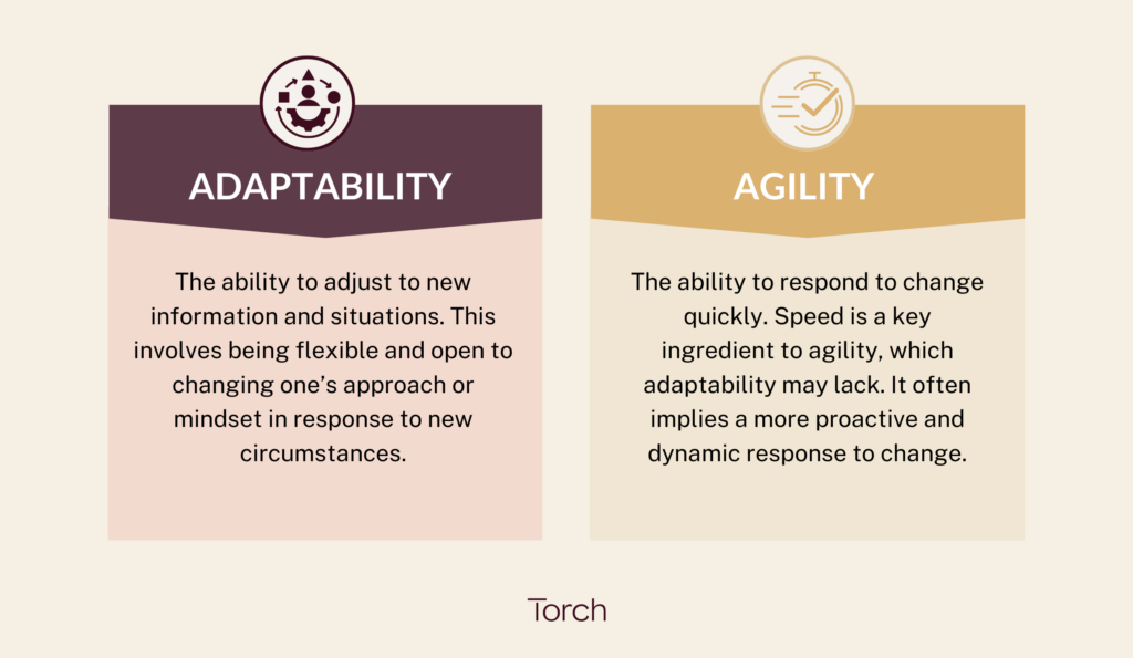 Adaptability vs agility: a chart sharing definitions of these terms.