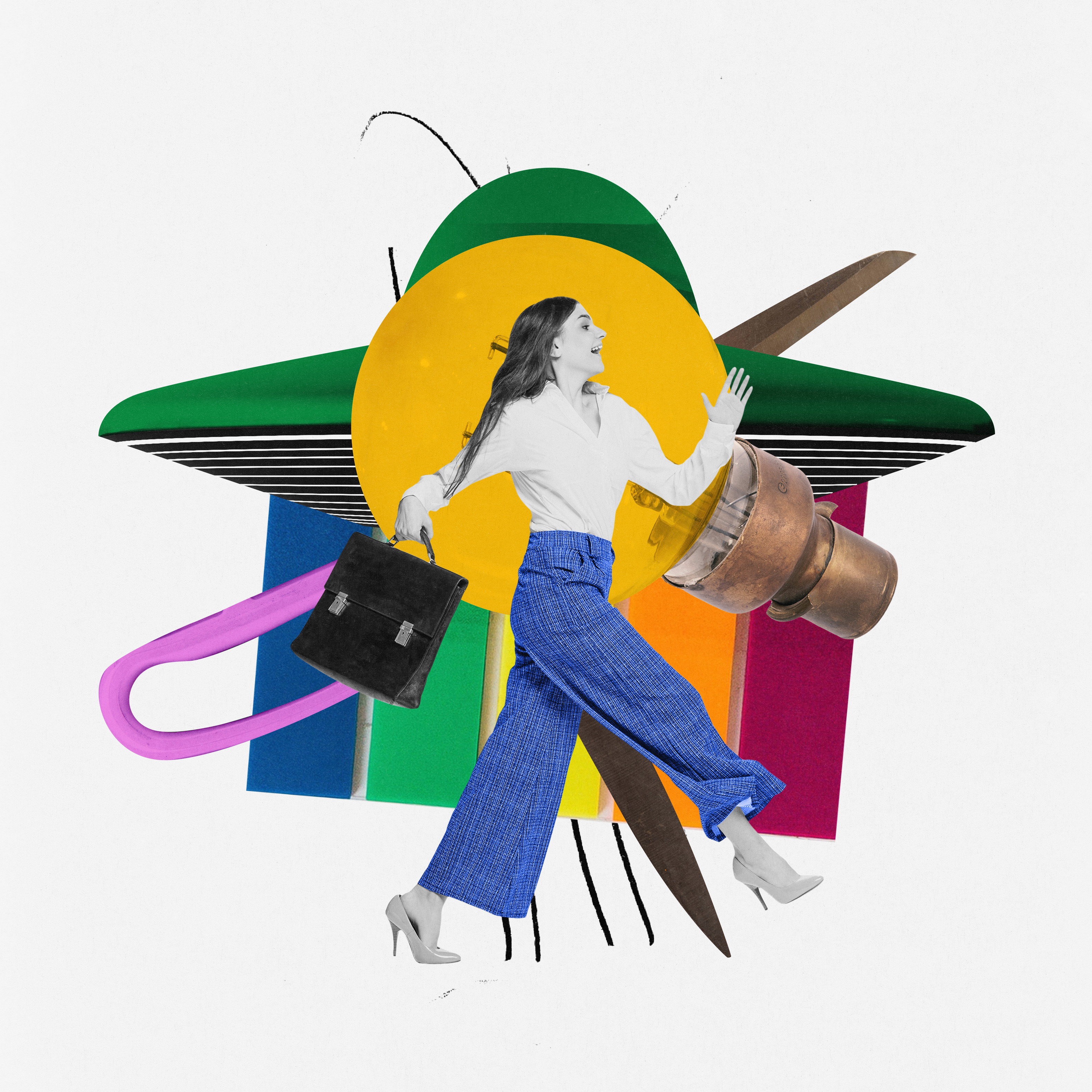 Contemporary art collage. Businesswoman walking confidently, surrounded by vibrant shapes and office symbols, representing ambition and adaptability. Concept of professional development.